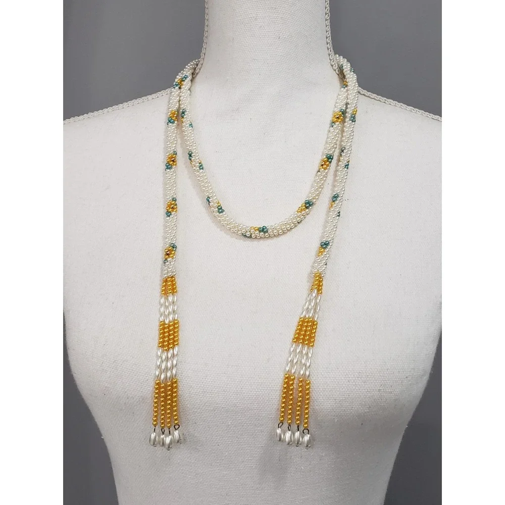 1960s VTG Sautior Crochet Green Gold Faux Pearl Flowers Necklace Lairat Tassels